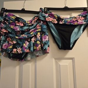3 PIECE SET  Floral Swim Skirt and Bikini Bottom Set And Top